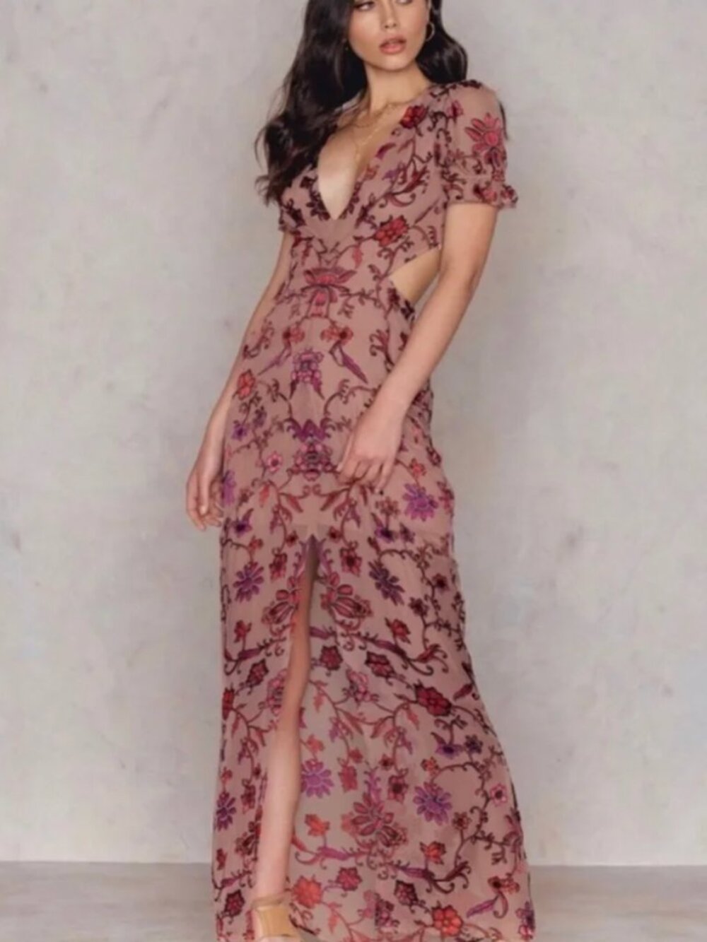 For Love & Lemons Sheer Mauve Chiffon Dress w/ Red & Pink Floral Print, Maxi, S - Picture 2 of 16